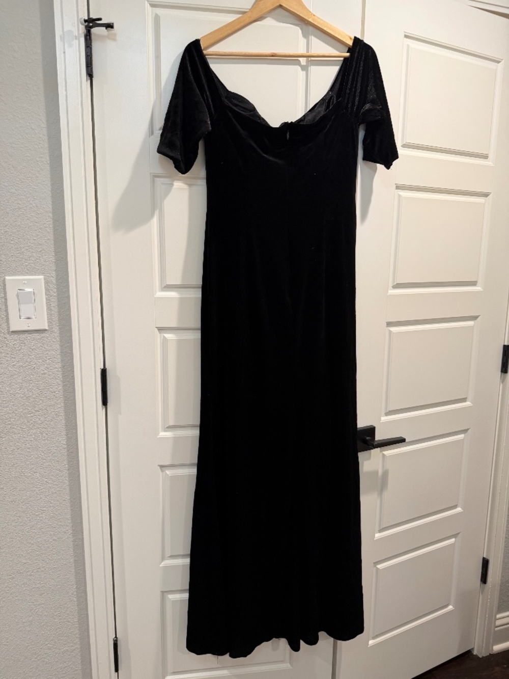 Elegant Black Draped Maxi Dress with Front Slit & Cascading Ruffle